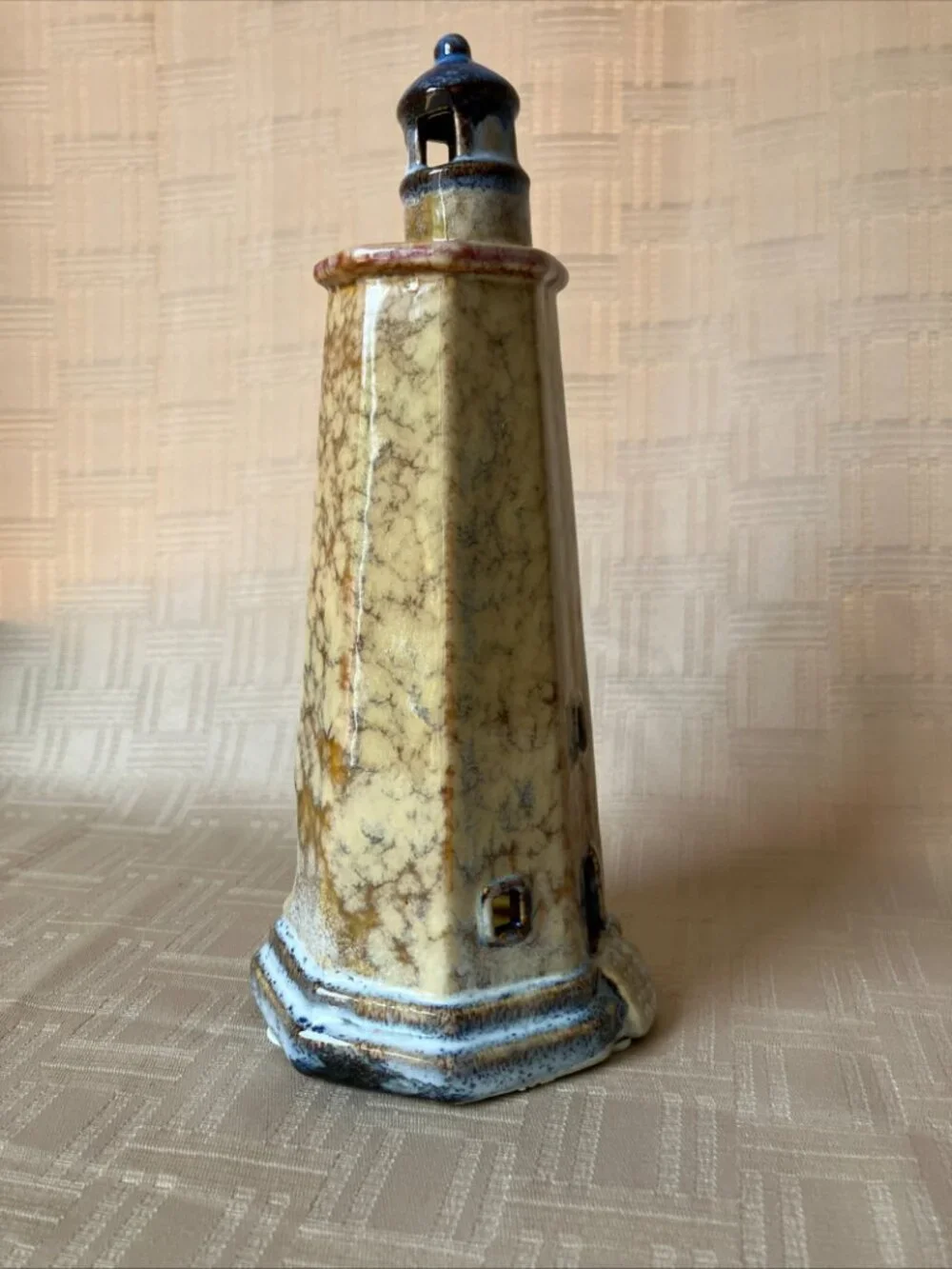 Ceramic Lighthouse Tealight Candle Holder 8 in Tall in Speckled Tan & Blue Hues